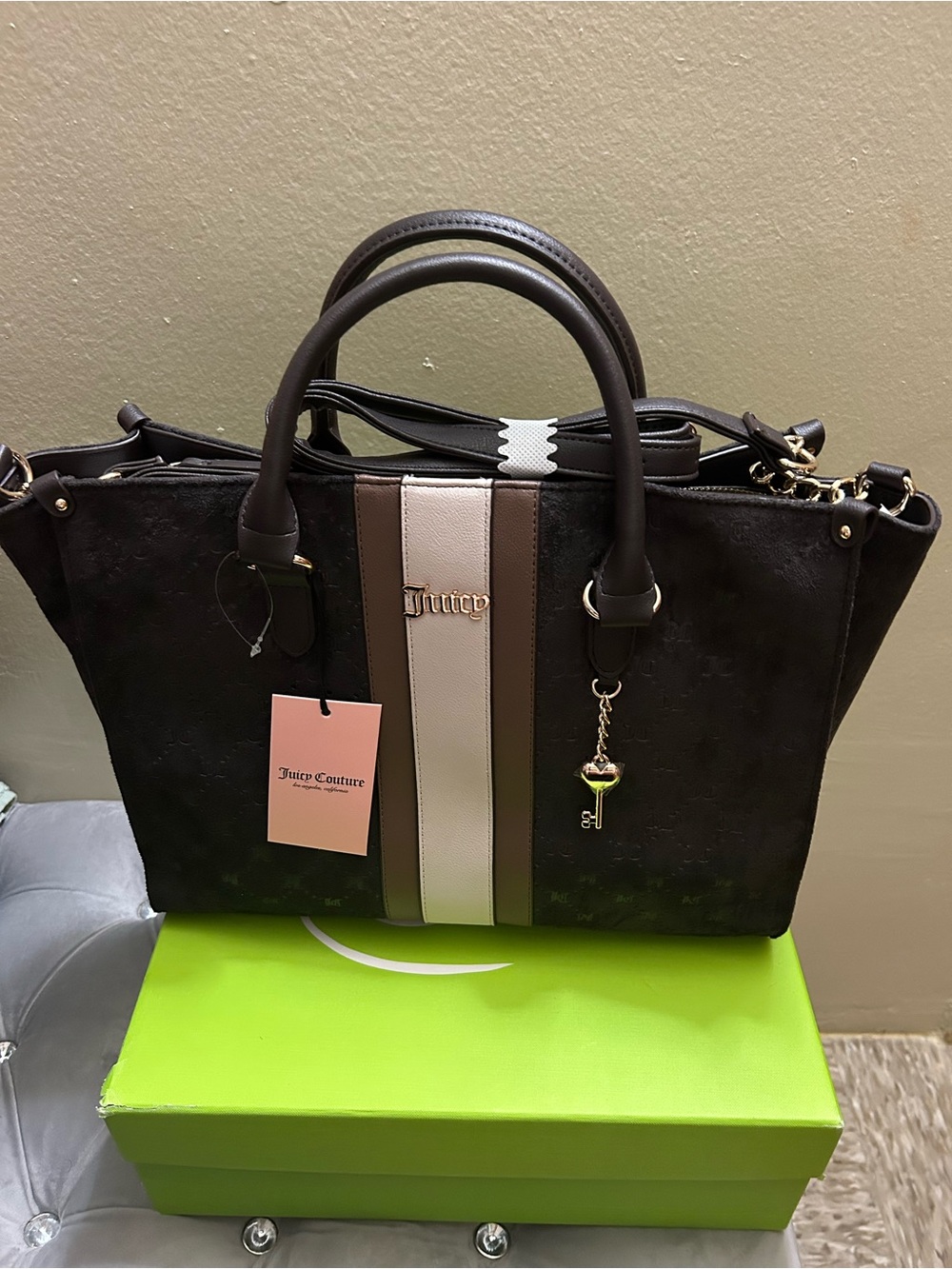 Juicy Couture Black Satchel with Brown and Cream Center Stripes